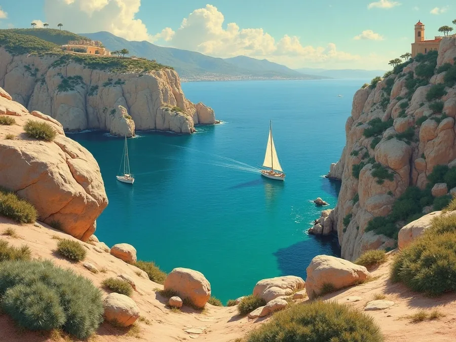 Gemalte Ansicht der Meerenge zwischen Sardinien und Korsika / Painted view of the strait between Sardinia and Corsica